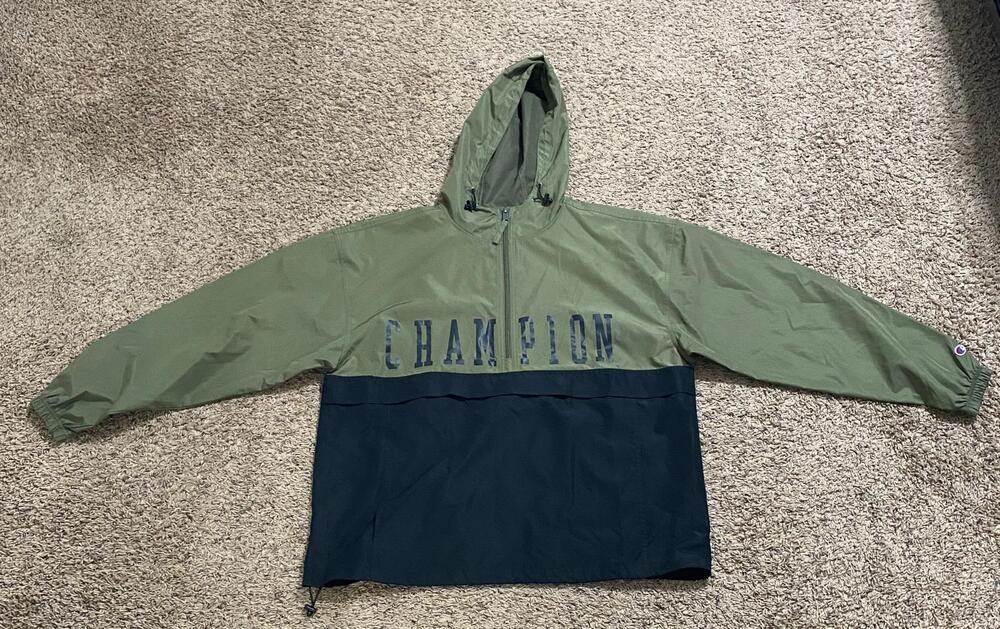 Champion Mens XL Green Navy Colorblock Hooded Half Zip Windbreaker Pre Owned